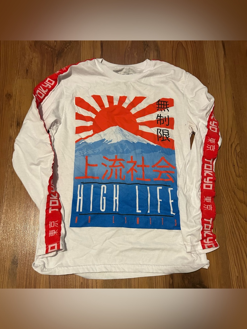 High Life White Long Sleeve Graphic Tee with Red and Blue Print